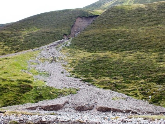 Spawning gravel injection site on the bamnks of the Gharbh Ghaig. None of this gravel can progress downstream of the dam but perhaps it should be helped on its way?
