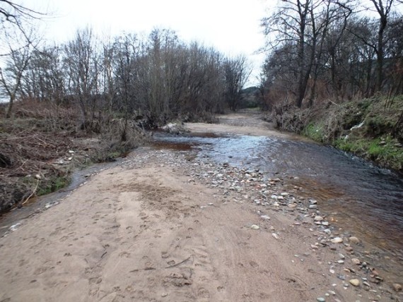Upstrem view from the same location os the photo above. The Rothes Burn (named the Burn of Rothes on the OS map) used to flow down the infilled channel on the right. It now occupies a former channel on the left side of the photo.