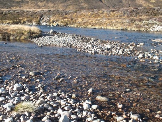 This photo was taken in a side channel just below where the Allt Coire Ruairidh joins the Avon. There were two redds in this fine patch of spawning gravel with a cock grilse on guard; it was exactly the same in 2012, check out the link provided above.
